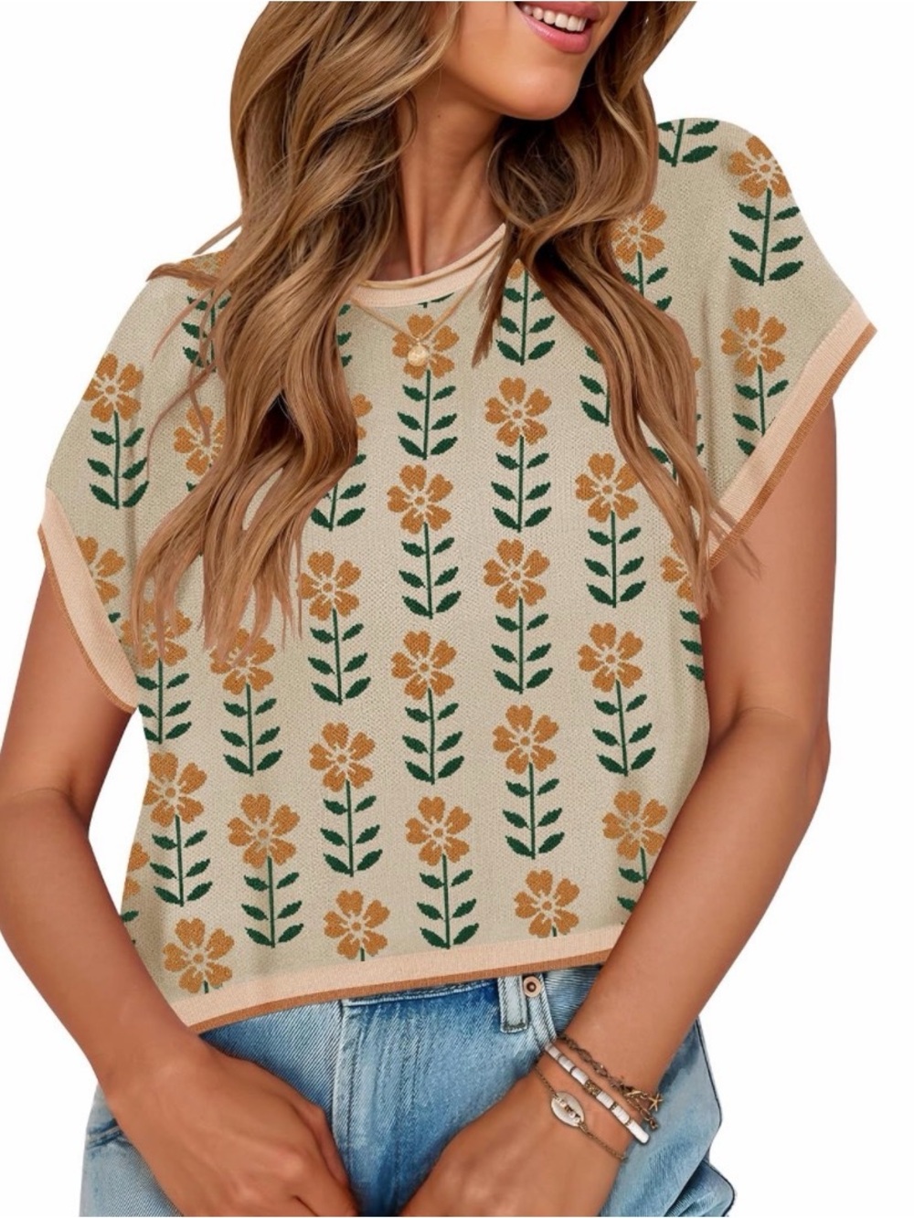 Kirundo Beige Floral Knit Sweater Vest Top🌻. Boho Chic, Cottagecore, Retro